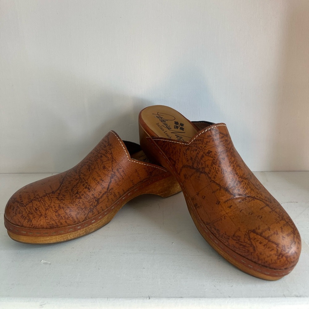Patricia Nash Map Print Leather Clog Mules | Italian Leather Boho Artisan